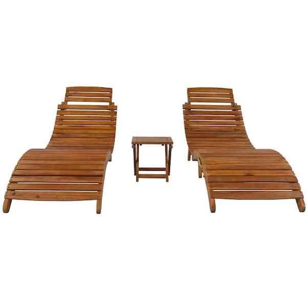 Anvil Brown Wood Outdoor Patio Portable Extended Chaise Lounge Set with Foldable Tea Table with Dark Gray Cushions (3-Pieces)
