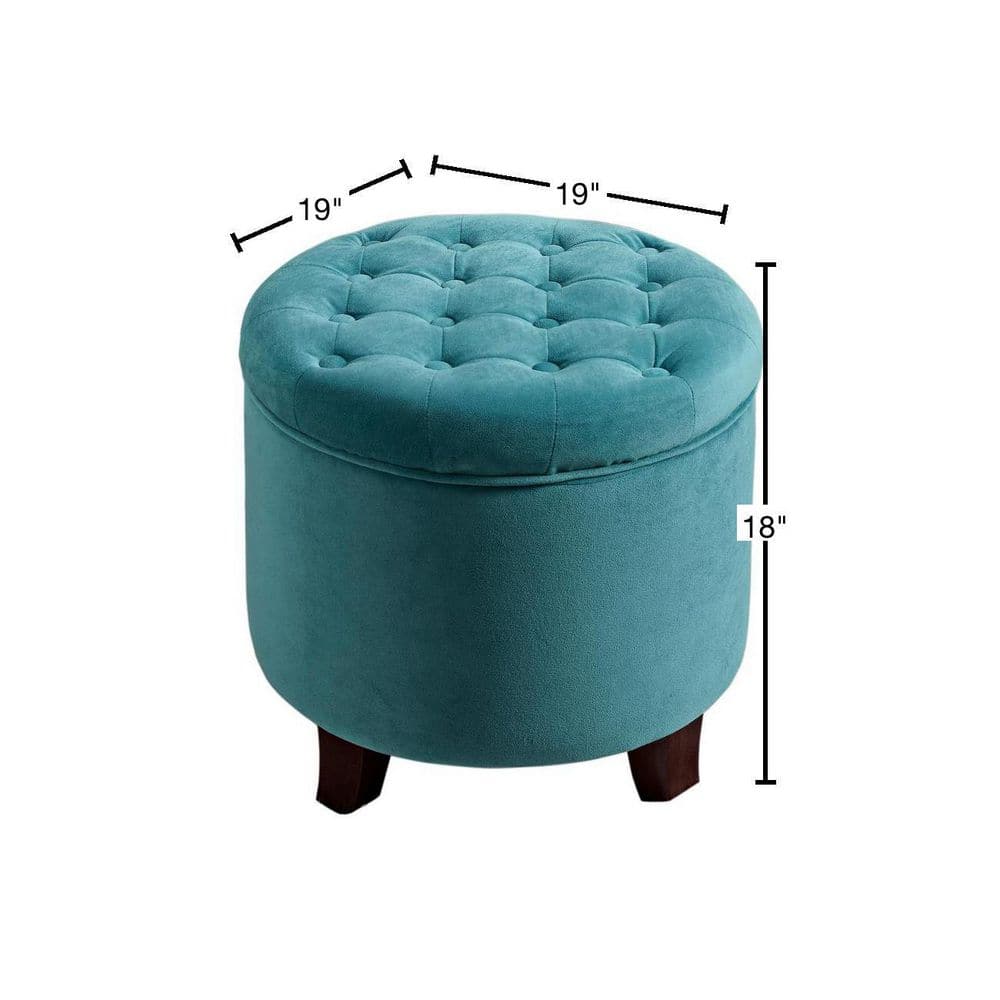 Teal Velvet Tufted Round Ottoman with Rustic Wood Legs