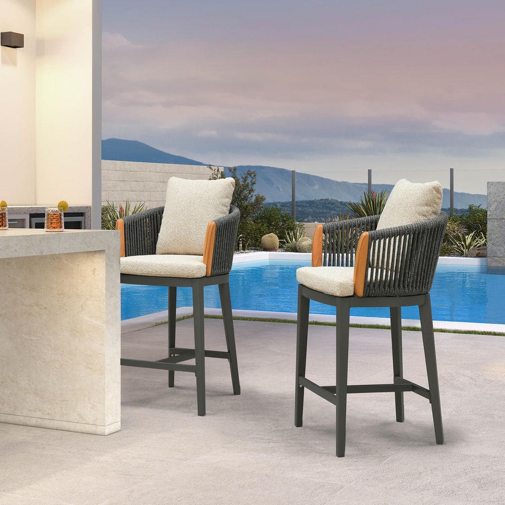 Modern Aluminum Counter Height Outdoor Bar Stool with Teak Armrest, Back and Cushion for Balcony, Kitchen (2-Pack) price history on PriceWatchPro