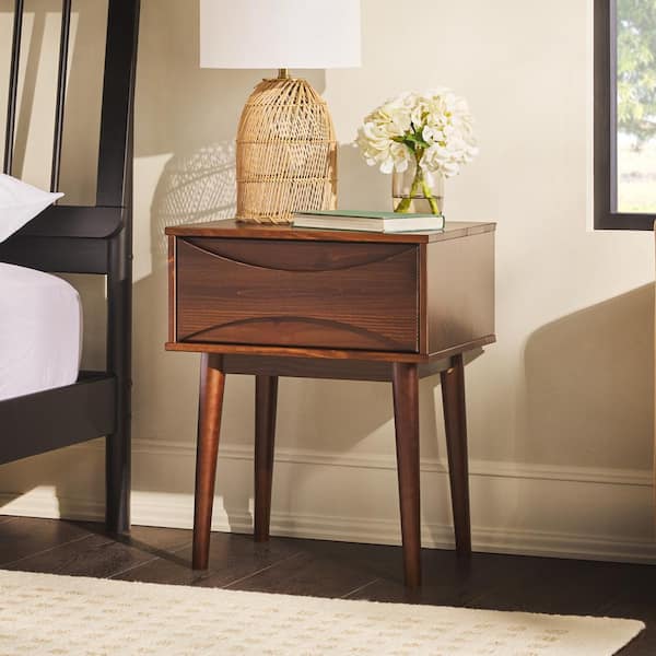 Walker Edison Furniture Company 1-Drawer Walnut Solid Wood Mid-Century Modern Curve Nightstand