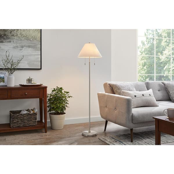 Hampton Bay Stanyan 58 in. Brushed Nickel Standard 2-Light Indoor Floor Lamp with Fabric Empire White Shade
