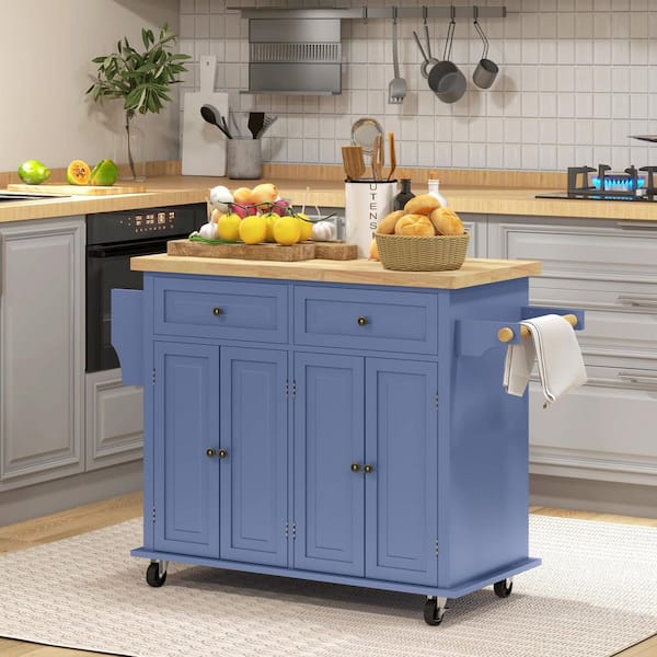 HOMCOM Country Blue Wood 43.75 in. Kitchen Island with Wheels, Spice Rack, Towel Rack, Drawers and Cabinets