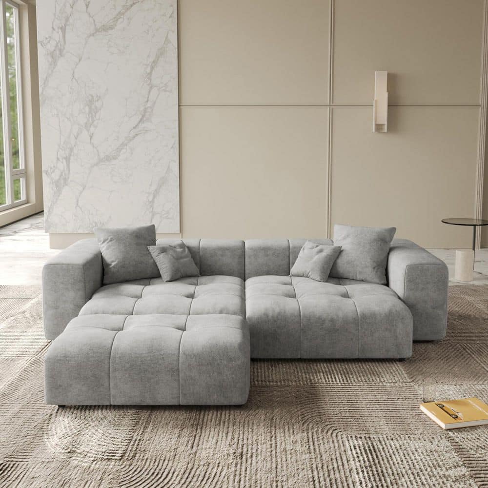 105 in. Gray Linen Square Arm Chaise Lounge, Extra-Deep Seat Modular Sofa Loveseat with Ottoman, Pillows for Movie Night price history on PriceWatchPro