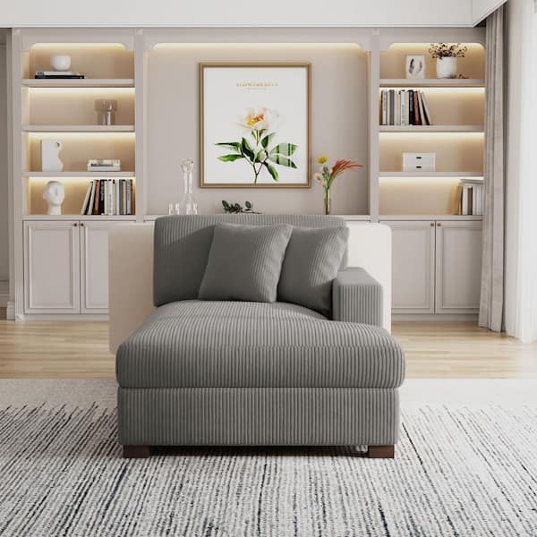 Light Gray Corduroy Polyester Right Arm Facing Sectional Chaise Lounge with Wood Legs(Set of 1)