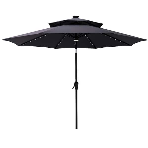 C-Hopetree 9 ft. Double Top Aluminum Market Solar Tilt Patio Umbrella with LED Lights in Black Solution Dyed Polyester