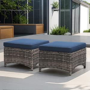 Wicker Outdoor Patio Ottoman with Blue Cushions (Set of 2)