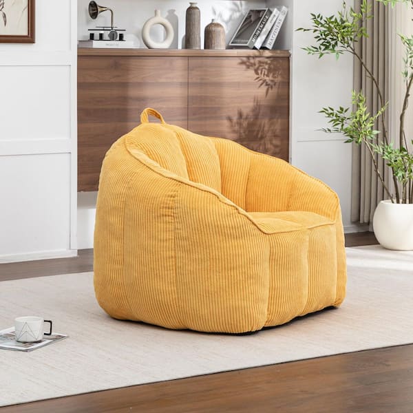 Revon Yellow Corduroy Upholstered Bean Bag Chair with Armrests and High-Density Shredded Foam