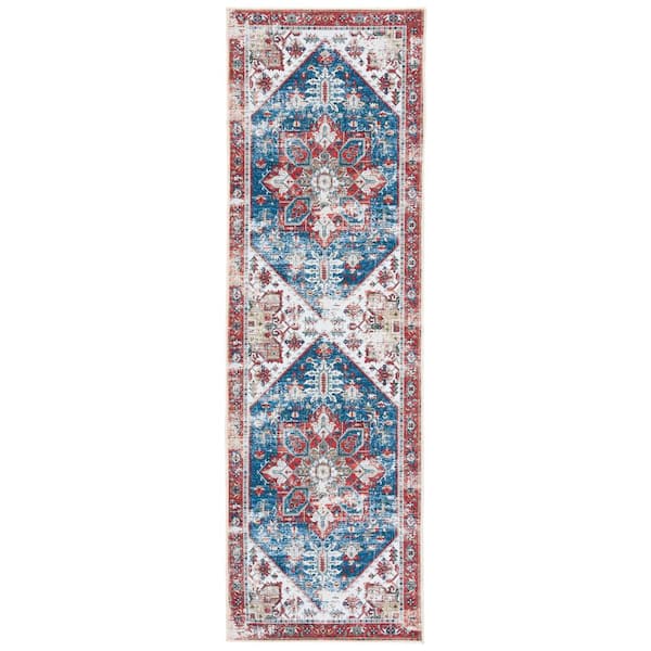 SAFAVIEH Tuscon Blue/Red 3 ft. x 12 ft. Machine Washable Border Distressed Runner Rug