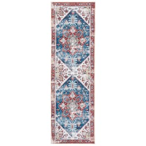 Tuscon Blue/Red 3 ft. x 8 ft. Machine Washable Border Distressed Runner Rug