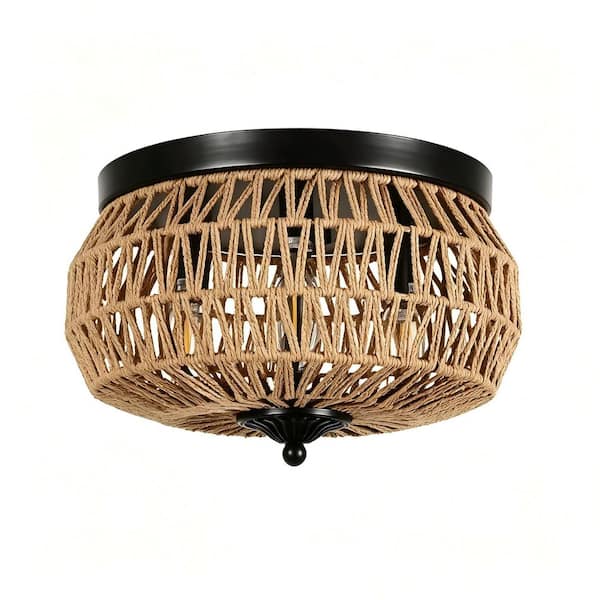 Boho 3 light Matte Black Hand Woven Rattan Cage Round Flush Mount Chandelier for Bedroom Kitchen No Bulbs Included