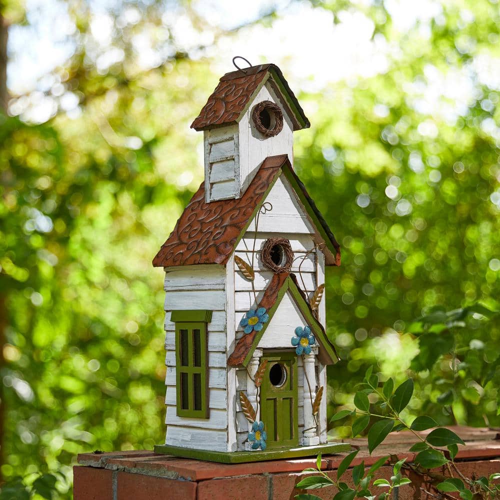Oversized Distressed White and Green 3-Story Villa Wood Birdhouse
