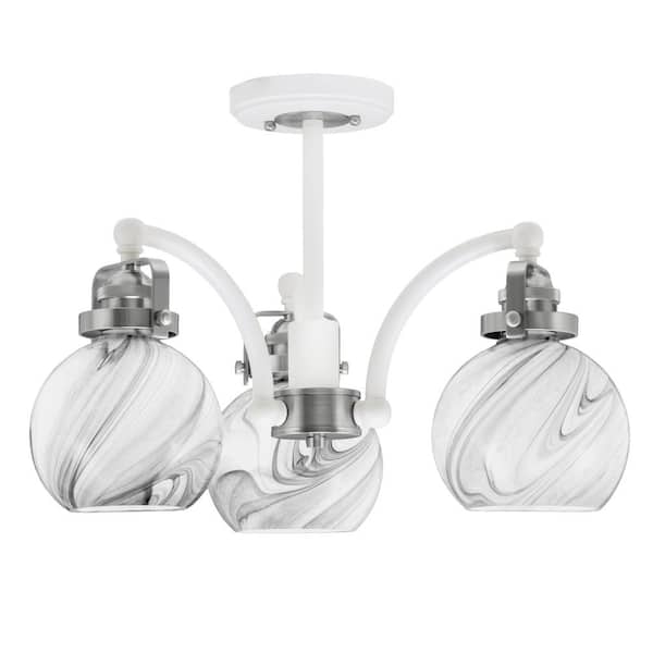 Unbranded Decatur 16 in. 3-Light White and Nickel Semi-Flush with 5.75 in. Onyx Swirl Glass Shade No Bulbs Included