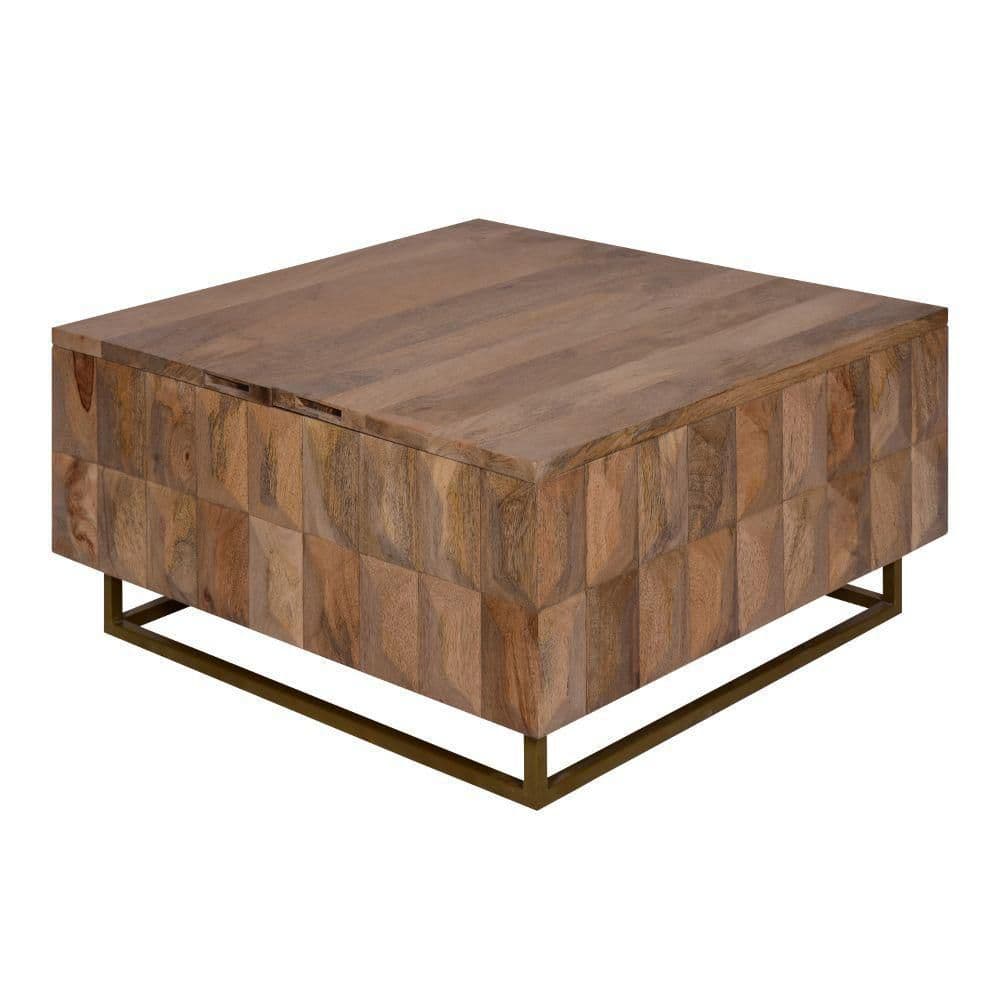 Farmhouse Chic 33" Mango Wood & Brass Lift-Top Storage Trunk Coffee Table