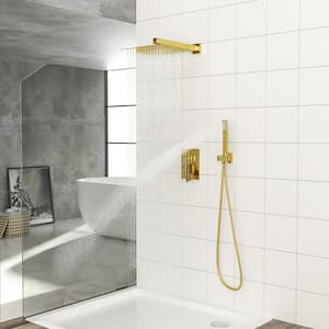 Dual Handle 2-Spray Shower Faucet 12 Inch.Square Shower System with Rough-in Valve in Gold