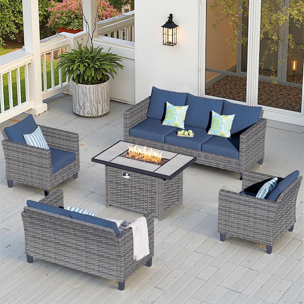 OVIOS New Star Gray 5-Piece Wicker Patio Rectangle Fire Pit Conversation Seating Set with Blue Cushions