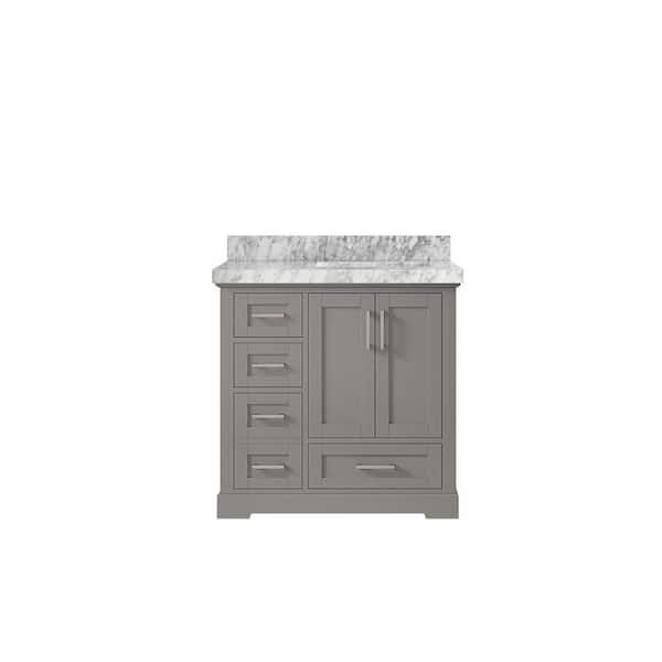 Willow Collections Boston 36 in. W x 22 in. D x 36 in. H Right Offset Sink Bath Vanity in Elephant Gray with 2 in. Carrara Marble Top