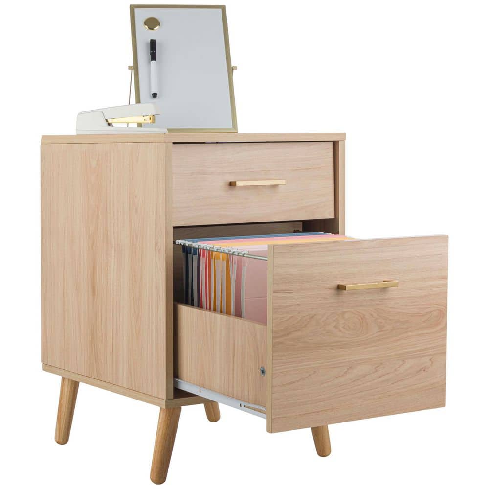 2-Drawer Natural Engineered Wood 20 in. Pedestal File Cabinet with Gold Handles