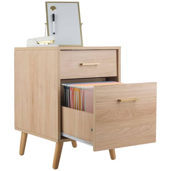 2-Drawer Natural Engineered Wood 20 in. Pedestal File Cabinet with Gold Handles