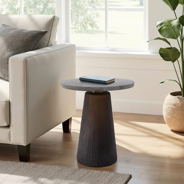 16 in. Gold Round Glass End Table with Brass Base Smokey Brown