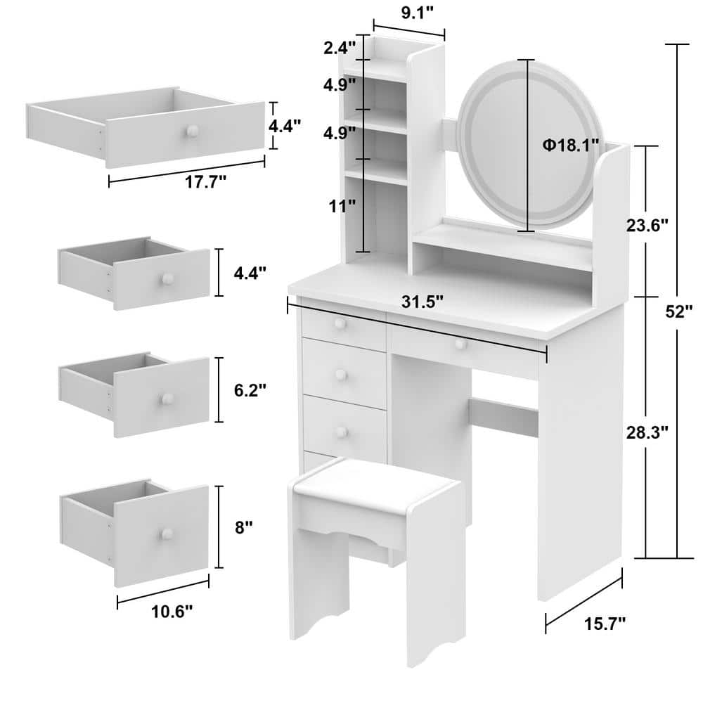 White Wood Makeup Vanity Set with LED Mirror and Stool