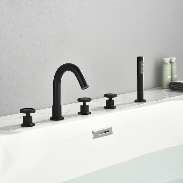 3-Handle Deck-Mount Roman Tub Faucet with Hand Shower in Matte Black