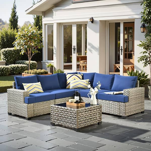 Silvae Gray 6-Piece PE Rattan Wicker Outdoor Sectional Set Patio Conversation Set with Navy Blue Cushion and Table