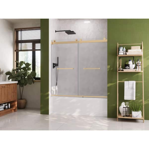57-59 in. W x 59 in. H Double Sliding Frameless Bathtub Door in Brushed Gold with 3/8 in. (10 mm) Frosted Glass
