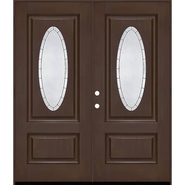 Steves & Sons Regency 72 in. x 80 in. 3/4L Oval Empire Deco Glass RHOS Hickory Fiberglass Double Prehung Front Door with 6-9/16 Jamb