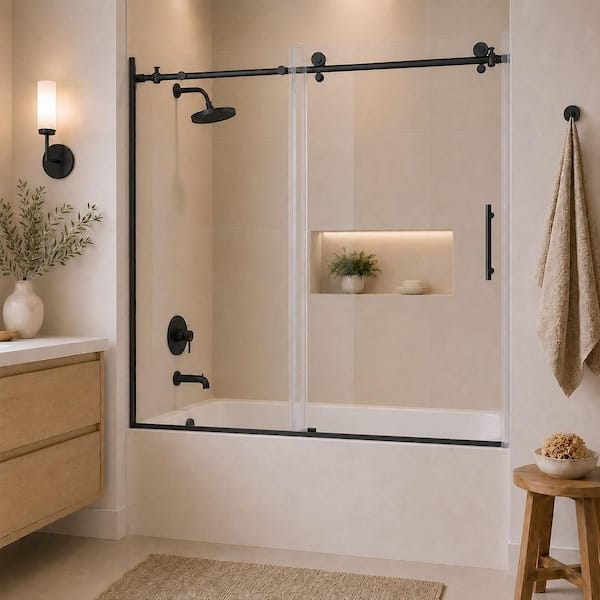 Ridge 60 in. W x 60 in. H Sliding Semi-Frameless Tub Door in Matte Black Finish with Clear Tempered Glass