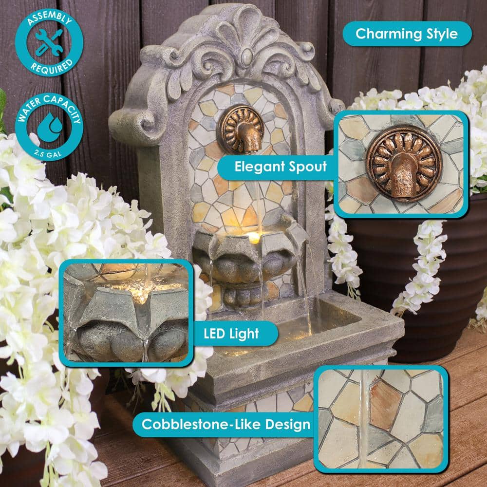 Gray Polyresin Outdoor Wall Fountain with LED Light