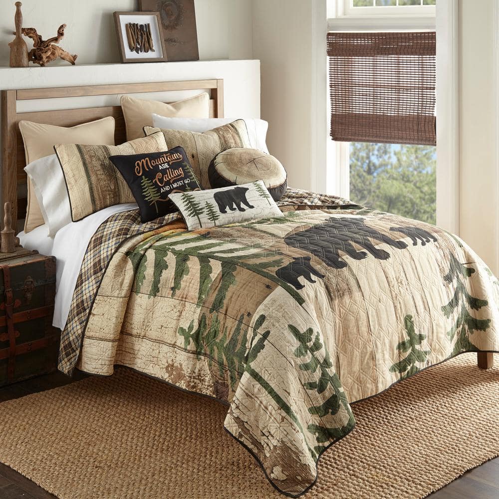 Rustic Black Bear and Plaid Reversible King Microfiber Quilt Set