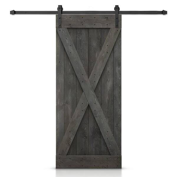 CALHOME 36 in. x 84 in. X-Series Carbon Gray DIY Knotty Pine Wood Interior Sliding Barn Door with Hardware Kit