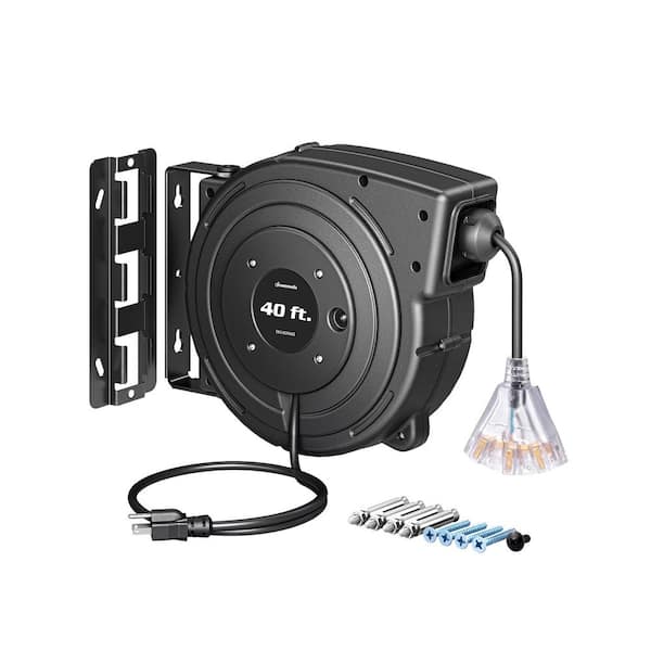 40 ft. 12 / 3 SJTOW 15 Amp Retractable Extension Cord Reel with 3 Grounded Outlets and Lighted Triple Tap