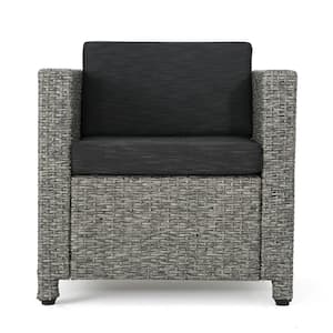 Cadence Mixed Black Iron-Framed Faux Rattan Outdoor Patio Lounge Chair with Dark Gray Cushions