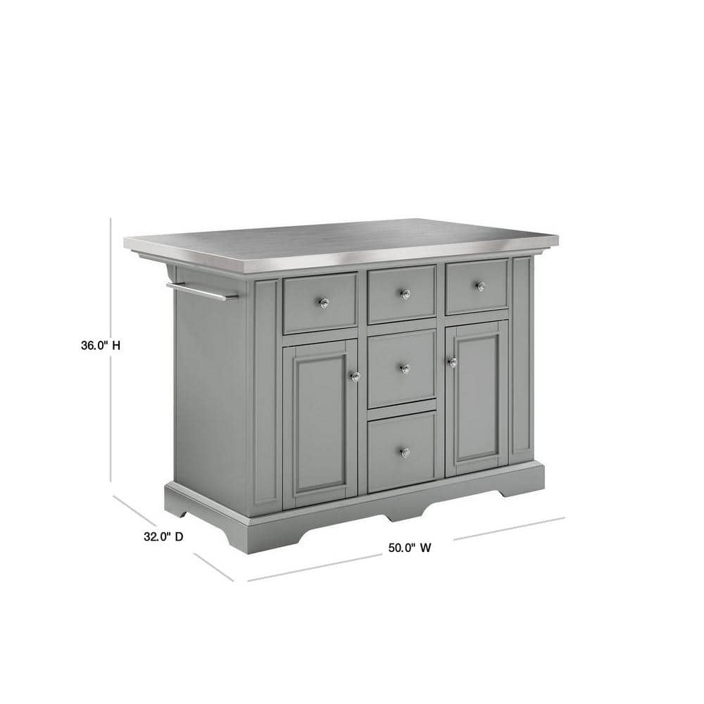 Julia Gray Stainless Steel Top Kitchen Island with Storage