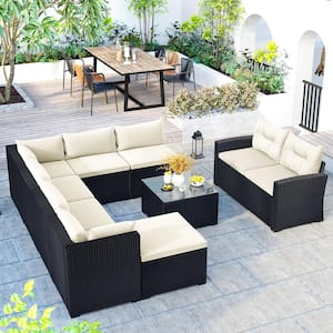 Harper & Bright Designs Black 9-Piece Wicker Outdoor Sectional Set With ...