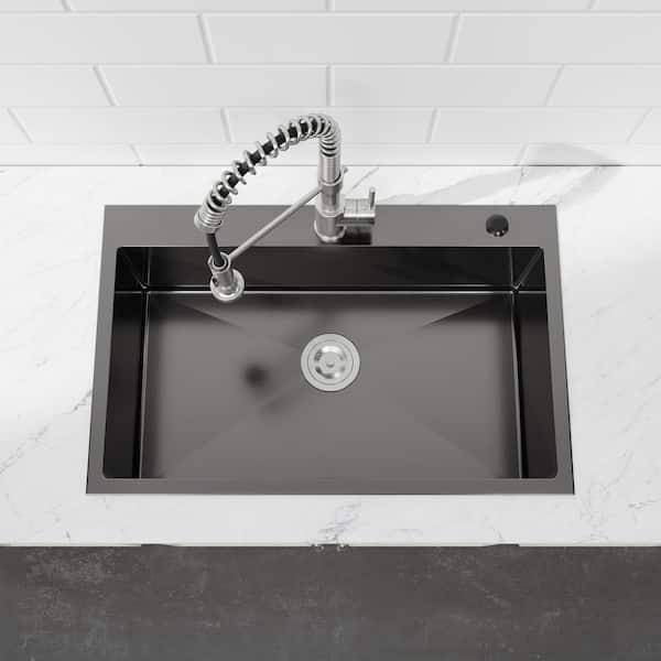 30 in. x 19 in. Drop-in Topmount SIngle Bowl Stainless Steel Kitchen Sink with Rounded Corners and 3-holes in Black