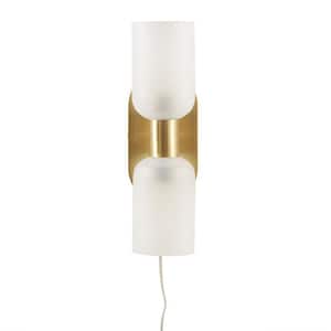 GoldenGlow 5.75 in. 2-Light Gold Wall Sconce with Frosted Cylinder Shades