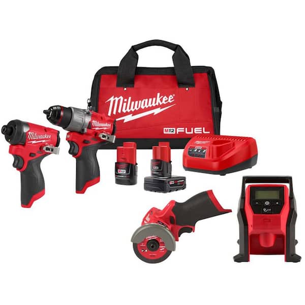 M12 FUEL 12-Volt Li-Ion Brushless Cordless Hammer Drill & Impact Driver Combo Kit w/2 Batteries, Cut Off Saw & Inflator