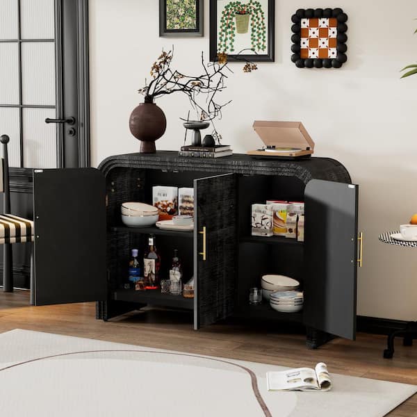 Retro Minimalist Antique Black MDF 47 in. Sideboard with Gold Handles and Adjustable Dividers
