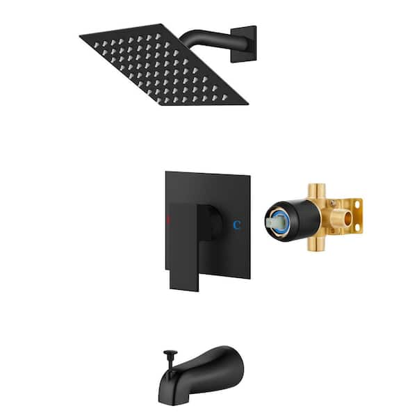 1-Piece Shower Faucet Kit with Tub Spout and Rough-In Valve in Matte Black with Rainfall Shower Head
