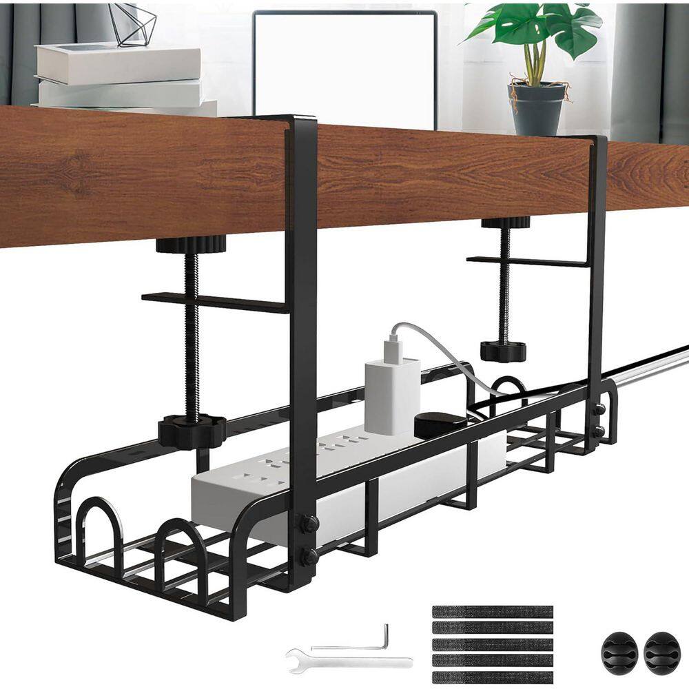 Under Desk Cable Management Tray in Black with Clamp, No Drill Steel Organizer for Wires, Upgraded Long Arm Design - Thumbnail 2