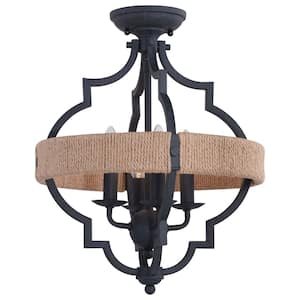 Beaumont 14-in W Gray and Natural Rope Farmhouse Cage Semi Flush Mount Ceiling Light