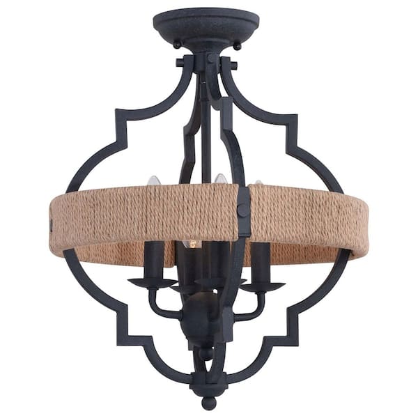 VAXCEL Beaumont 14-in W Gray and Natural Rope Farmhouse Cage Semi Flush Mount Ceiling Light