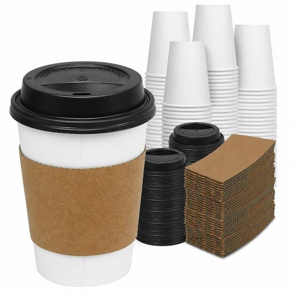 12 oz. Disposable Thickened Paper Coffee Cups with Lids and Sleeves for Cocoa and Coffee (100-Pack)