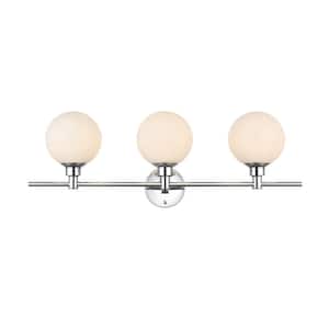Simply Living 28 in. 3-Light Modern Chrome Vanity Light with Frosted White Round Shade