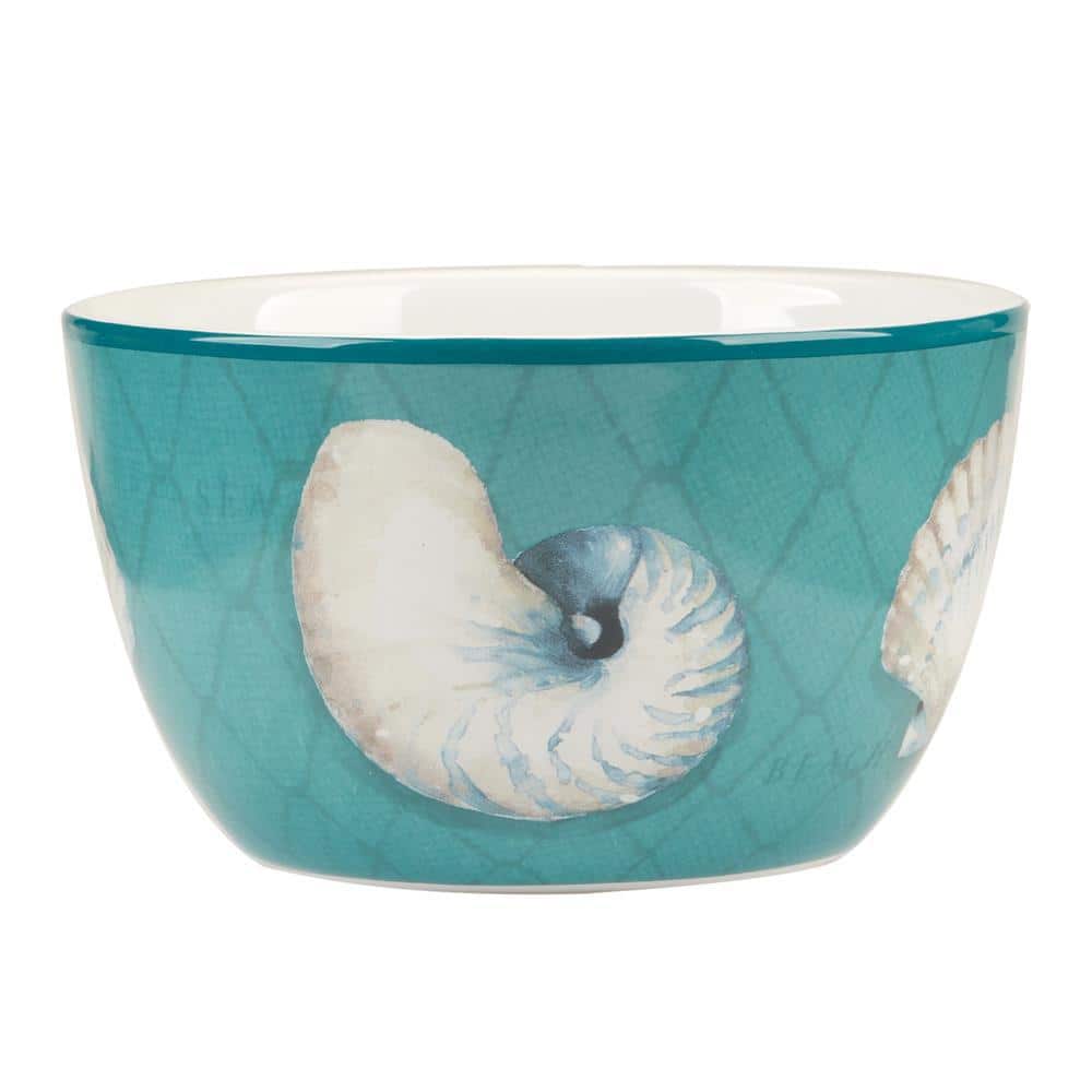 Ocean View Teal and Cream Ceramic Dessert Bowls, Set of 4