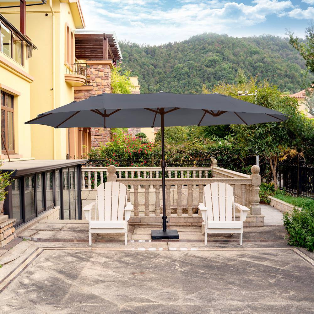 Gray 15' x 9' Double-Sided Outdoor Patio Umbrella with Hand-Crank Lift