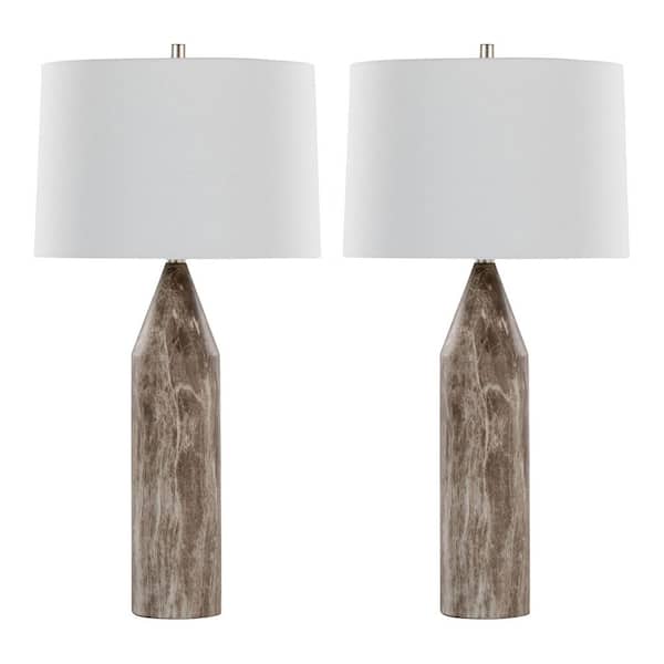 Point 29.75 in. Brown Marble Metal and White Linen Shade Table Lamp (Set of 2)