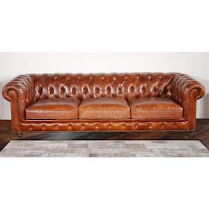 Paris Club 38 in. Brown Leather 3-Seater Chesterfield Sofa with Round Arms